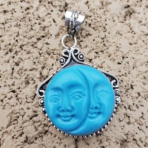 New Carved Double Moon Face 925 Silver Pendant.